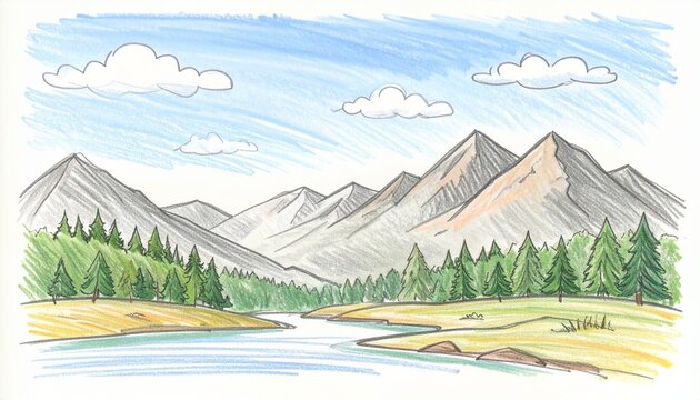 Colored pencil drawing of mountains, pine forest and river