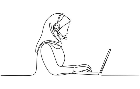 Single continuous line drawing of young confused call center worker answering phone call from talkative customer in front laptop.