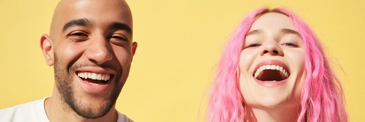 Obraz premium Bald man and pink haired woman laughing closeup against yellow backdrop