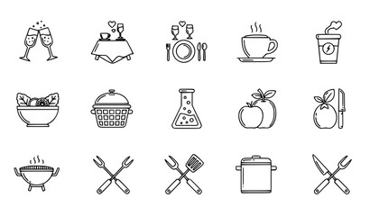 Outline food and lifestyle icon set with ice cream water cooler champagne donation fitness and coffee cocktail vector collection © RINA