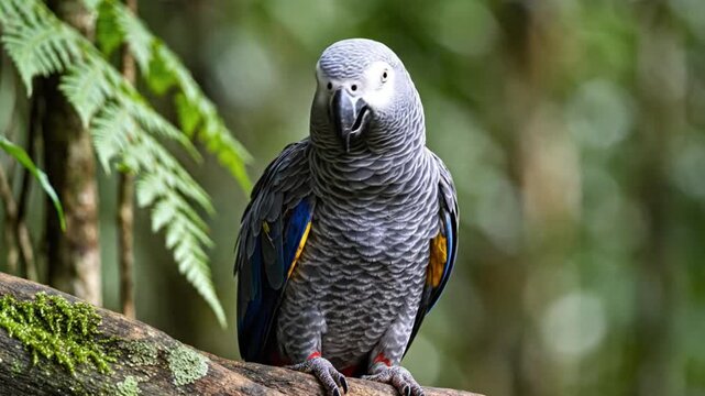 African grey parrot perched on a tree branch in a lush tropical environment preening its feathers and looking around