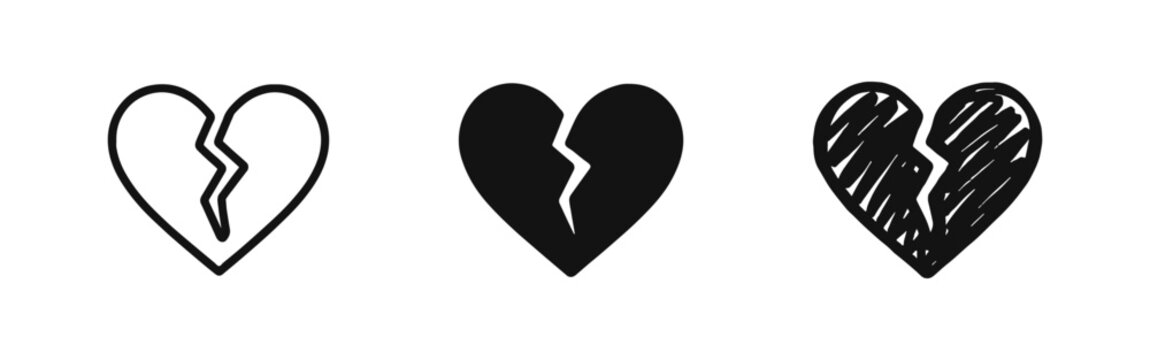 Broken Heart Vector Icon Set Representing Sadness and Breakup