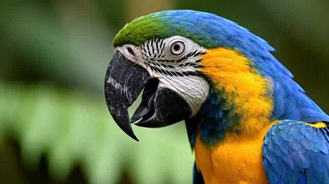 Stunning Blue and Yellow Macaw Perched on Branch in Lush Tropical Rainforest, Vocalizing and Displaying its Magnificent Feathers