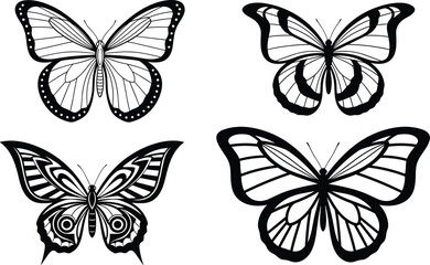 Fototapeta premium Collection of butterfly silhouettes with detailed wing patterns, decorative insect vector illustration set isolated on white background for design