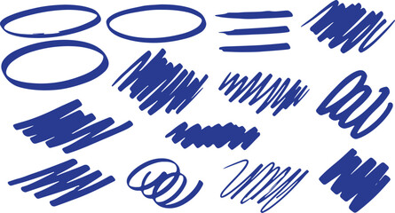 Fototapeta premium A set of vibrant blue vector doodles featuring messy marker scribbles, horizontal underline strokes, and circular highlight frames.