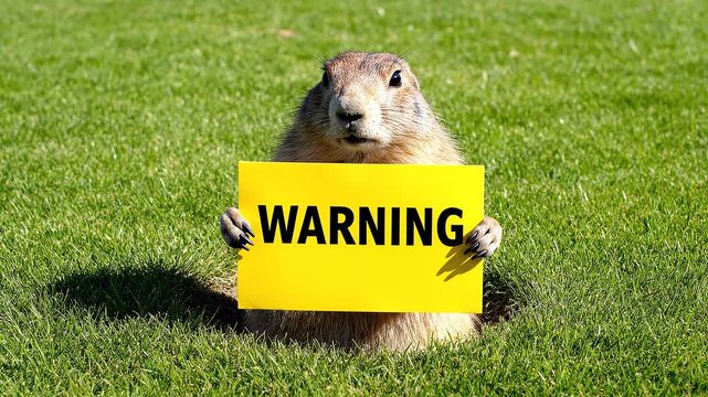 Prairie Dog Pops Up Holding WARNING Sign on Green Grass Field Then Returns Underground