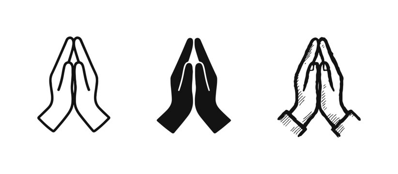 Praying Hands Icon Set, Hope Faith and Spirituality Symbols in Different Graphic Styles