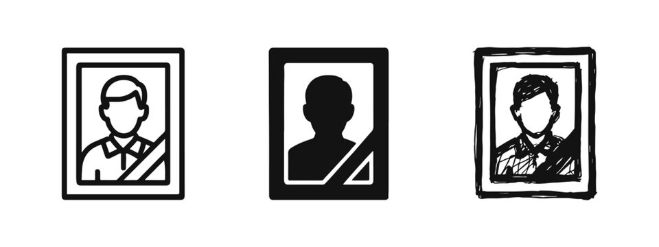 Memorial Portrait Icon Set, Deceased Person Photo with Mourning Black Ribbon Design