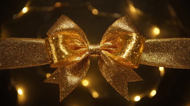 Golden ribbon bow tied on a sparkly background with warm fairy lights