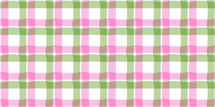 Seamless watercolor pink and green gingham pattern. Hand-drawn buffalo plaid check background for fabric, wallpaper, and spring stationery design. 