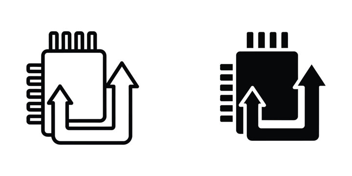 Illustrations of ram memory modules with upward data transfer arrows in contrasting styles