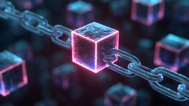Glowing blockchain cube linked by transparent chains, representing secure data integrity, encrypted digital connections, decentralized ledger systems, and advanced cybersecurity technology.