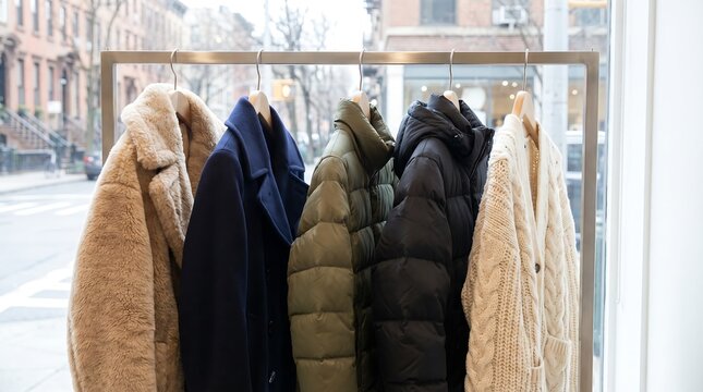 Variety of Stylish Winter Coats Hanging on a Rack in a Modern Fashion Boutique