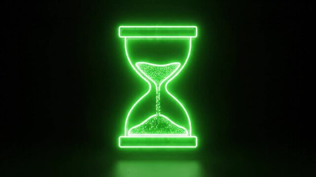 Neon green hourglass design with flowing sand animation on a black background, representing passing time.