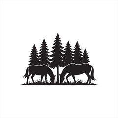 A graceful deer silhouette stands in a wild forest landscape with trees and grass as a nature vector illustration for wildlife hunting design © Tuhinnaaa_69