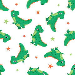 Fototapeta premium Cute green dinosaur seamless pattern with stars. Fun animal background for kids fabric, nursery wallpaper, wrapping paper, textile and print design.