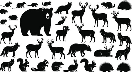 Collection of woodland animal silhouettes including deer, bear, wolf, raccoon, squirrel, rabbit, beaver, and forest wildlife illustration design © Mukti