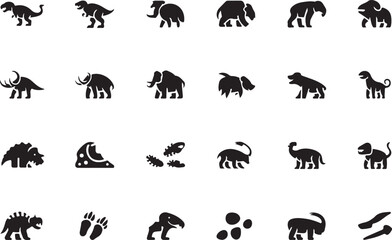 Fototapeta premium Collection of twenty four black prehistoric animal and object icons