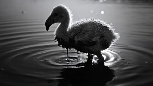 Baby flamingo chick stepping out of water against the sunlight with dark reflection in black and white