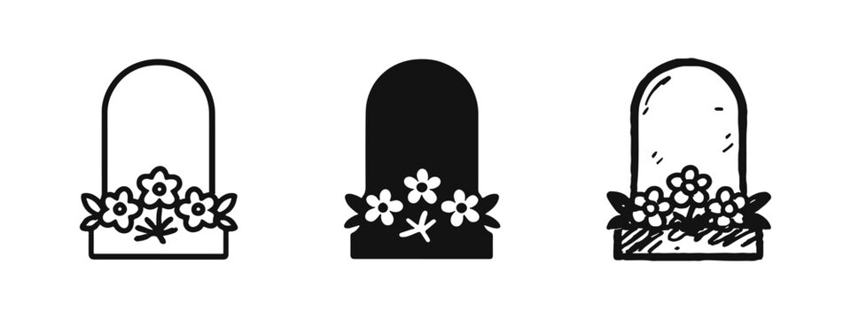 Gravestone with Flowers Icon Set - Outline, Solid, and Hand-Drawn Cemetery Symbols for Remembrance and Tribute
