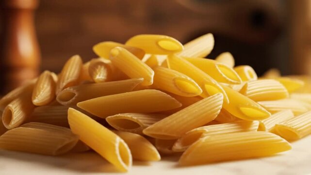 Close-up view of a pile of uncooked penne pasta on a white surface with a blurry wooden background