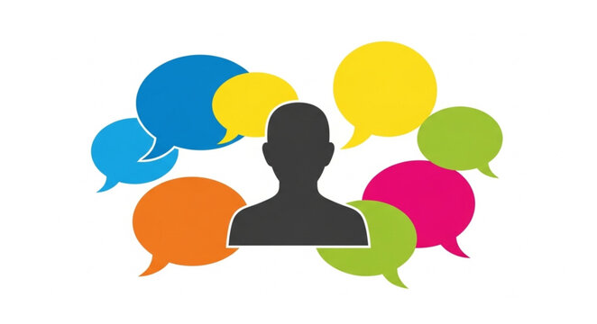 Person with speech bubbles around.