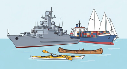 Naklejka premium Various watercraft including a warship cargo ship sailboat kayak and canoe.