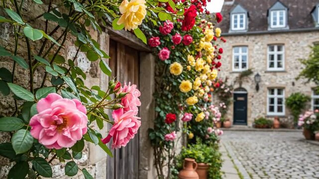 Beautiful Roses Climbing Stone Building Entrance and Cobblestone Street with Charming European Architecture