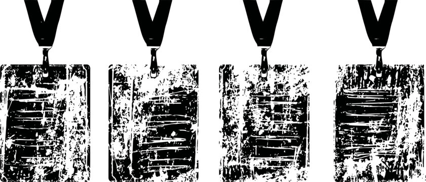 Black ink grunge vertical tags with text lines hanging from stylish straps