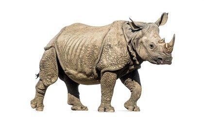 Fototapeta premium Full-body isolated shot of a large, thick-skinned, gray animal with a prominent horn, walking towards the viewer