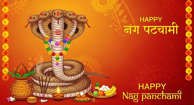 Nag Panchami Festival Greeting with Multi-Headed Cobra and Traditional Puja Offerings