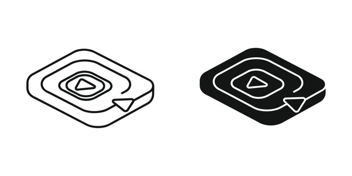 Isometric play and pause button icons in different styles