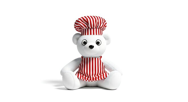Cute teddy bear wearing chef hat and striped apron toy concept