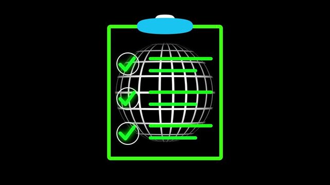 Clipboard with globe and three green check marks on black. This globe shows unity. Use this globe for global ecology and environmental protection success visuals.
