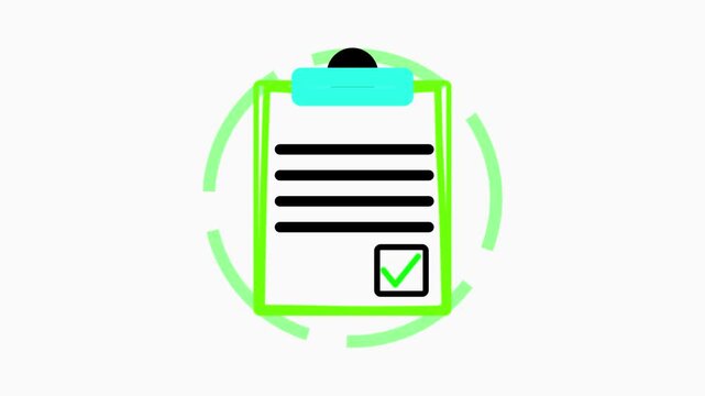 Clipboard with checklist and green circular graphic. This checklist is on white. A medical checklist for doctor patient records and hospital admin animations.