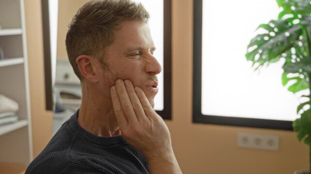Man wincing with hand on cheek and mouth open while touching jaw, seated beside window shelves and houseplant in building; dental pain.