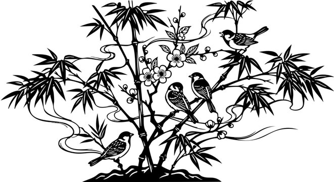 vector illustration of a bamboo and sparrow