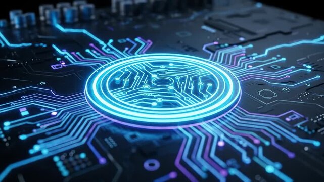 A neon glowing circuit board icon with a central circle on a dark background, electric lines, sleek luminous geometry, modern digital atmosphere, ultra-realistic, no logos.