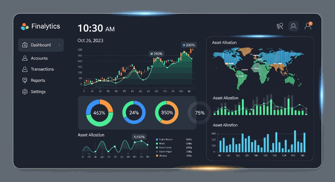 Dark themed digital analytics dashboard displaying global data and key performance indicators.