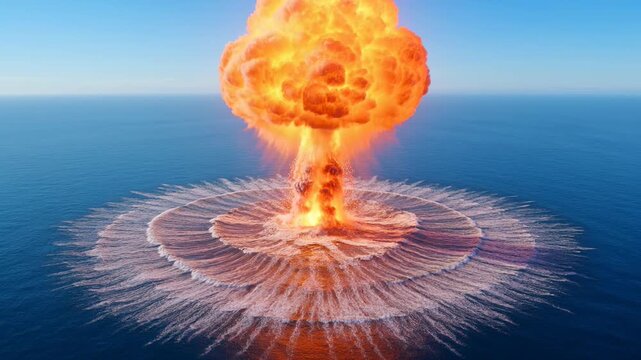 Massive nuclear explosion mushroom cloud over the ocean with powerful shockwave on water surface at daylight. Concept of global war and apocalypse