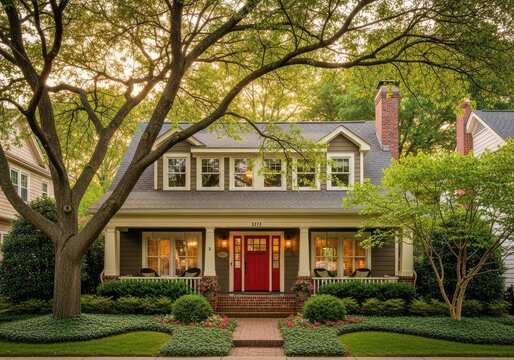 Charming suburban house with a bright red front door features mature trees and lush landscaping in the early evening light.