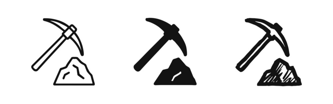 Pickaxe Hitting Rock Icon Set in Outline, Silhouette, and Hand-Drawn Styles for Mining and Extraction Industry
