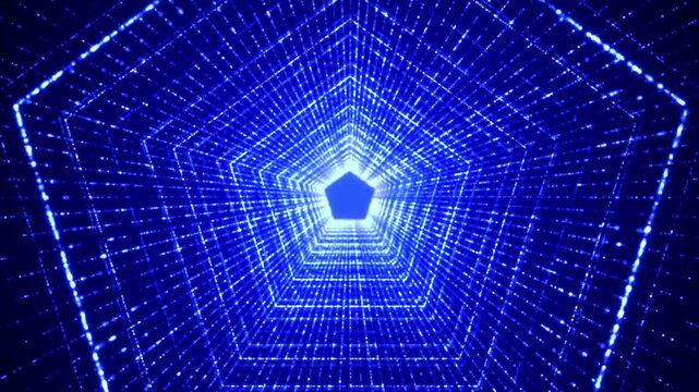 Blue pentagon digital tunnel of glowing particle lines representing high speed data transmission and cyber security in a futuristic virtual reality network environment.