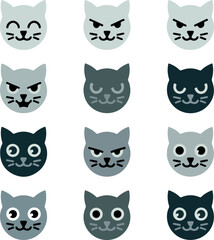 Fototapeta premium Twelve flat minimal cat face icons with varied expressions
