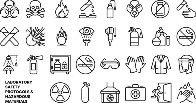 A collection of black and white line icons illustrating various laboratory safety protocols and hazardous materials.