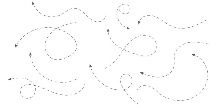 Dotted arrows and dashed line paths set isolated on transparent background. Black vector curved pointers and swirl lines for navigation, infographics and map routes. Minimalist design elements