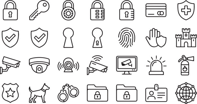 A collection of black and white line icons representing various security, protection, surveillance, and safety concepts.