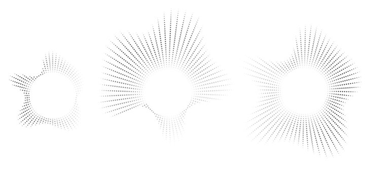 Circular shapes of sound waves, for audio music, round icons of voice, logos, equalizers, radials in spectrum, patterns in rings. Flat vector illustrations isolated on white background.