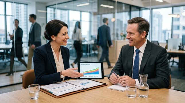 Financial advisor presenting portfolio review chart on tablet