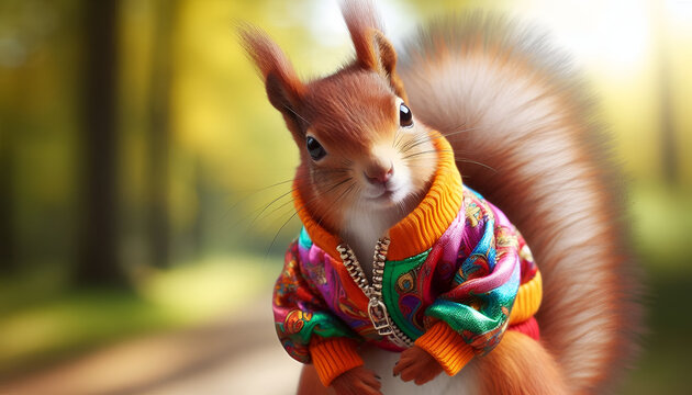 Cute squirrel wearing colorful jacket posing outdoors with soft background adorable funny animal greeting card with playful and charming mood